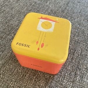 Fossil Bright Yellow and Orange Tin Box